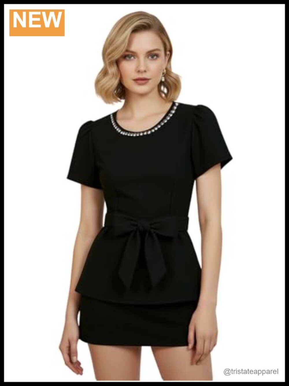 Women's Rhinestone Puff Sleeve Belted Crew Neck Blouse Summer